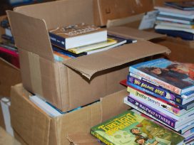 Stacks of boxes overflowing with books