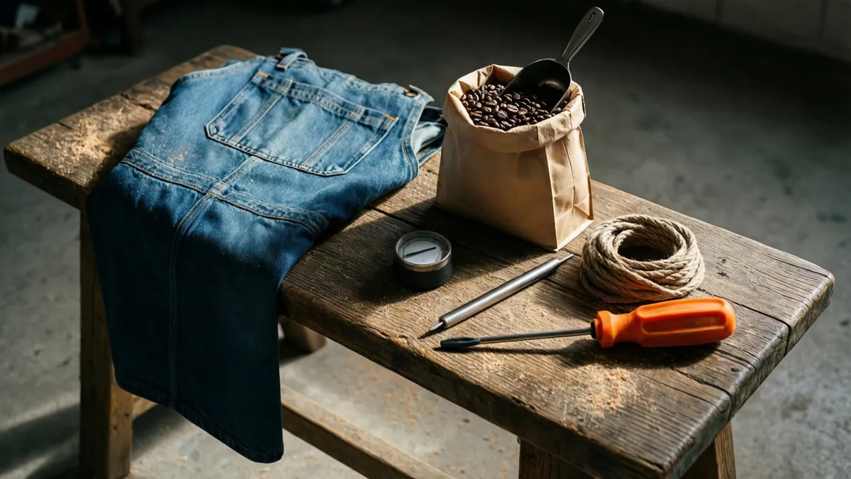 A denim apron folded over a worn wooden workbench beside a paper bag of coffee beans with a metal scoop, a stainless probe, a coil of cord and an orange-handled screwdriver