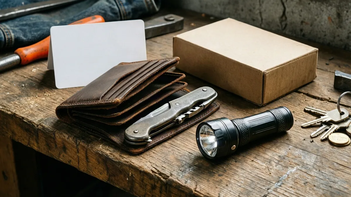 A black flashlight and silver multi-tool rest on a brown leather wallet atop a worn wooden table beside keys and a cardboard box.