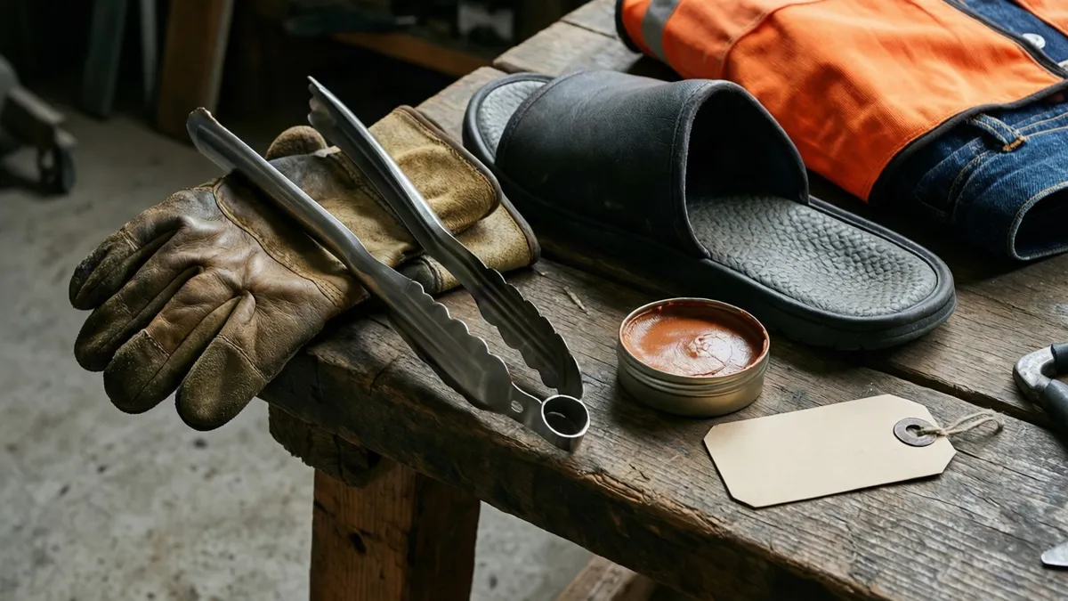 On a weathered wooden table, a pair of tan leather gloves and silver tongs lie next to a black slide sandal, a small open tin containing an orange substance, and a blank tag, with an orange jacket and blue jeans draped in the background.